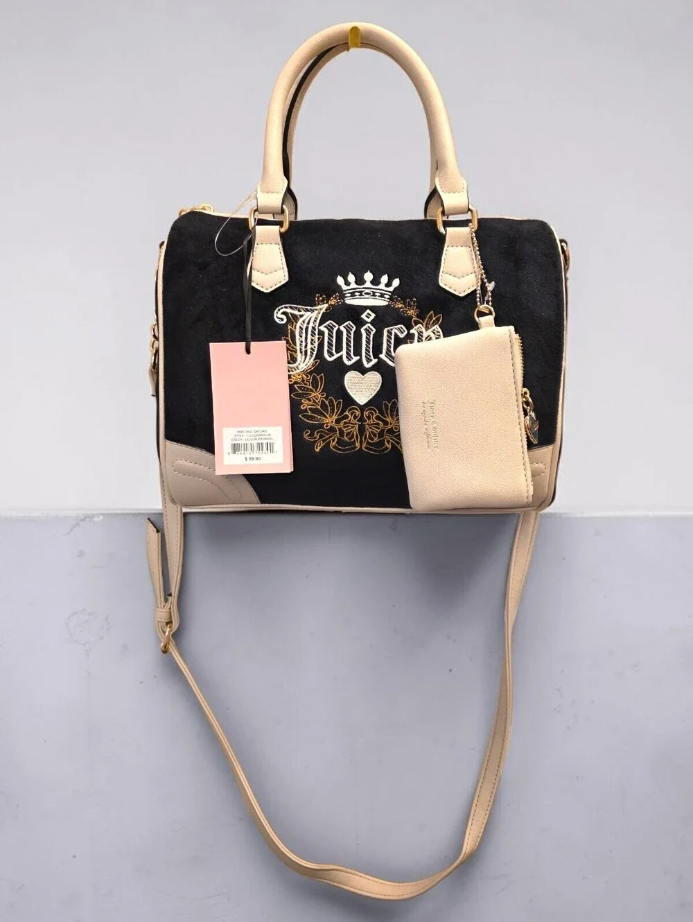 NWT Juicy Couture Heritage Satchel Crossbody Bag Wallet Black Cream Velour Y2K